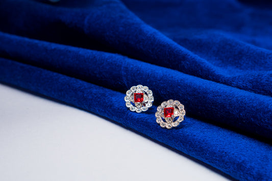 Silver Earrings Studs Shinning Red Stone 925