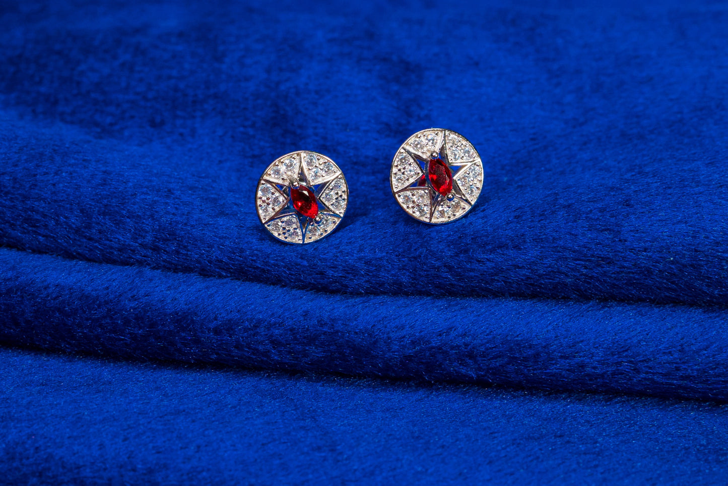 Silver Earrings Flower Studs Red Stone 925