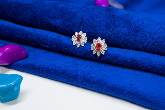 Silver Earrings Flower Shinning Red Stone